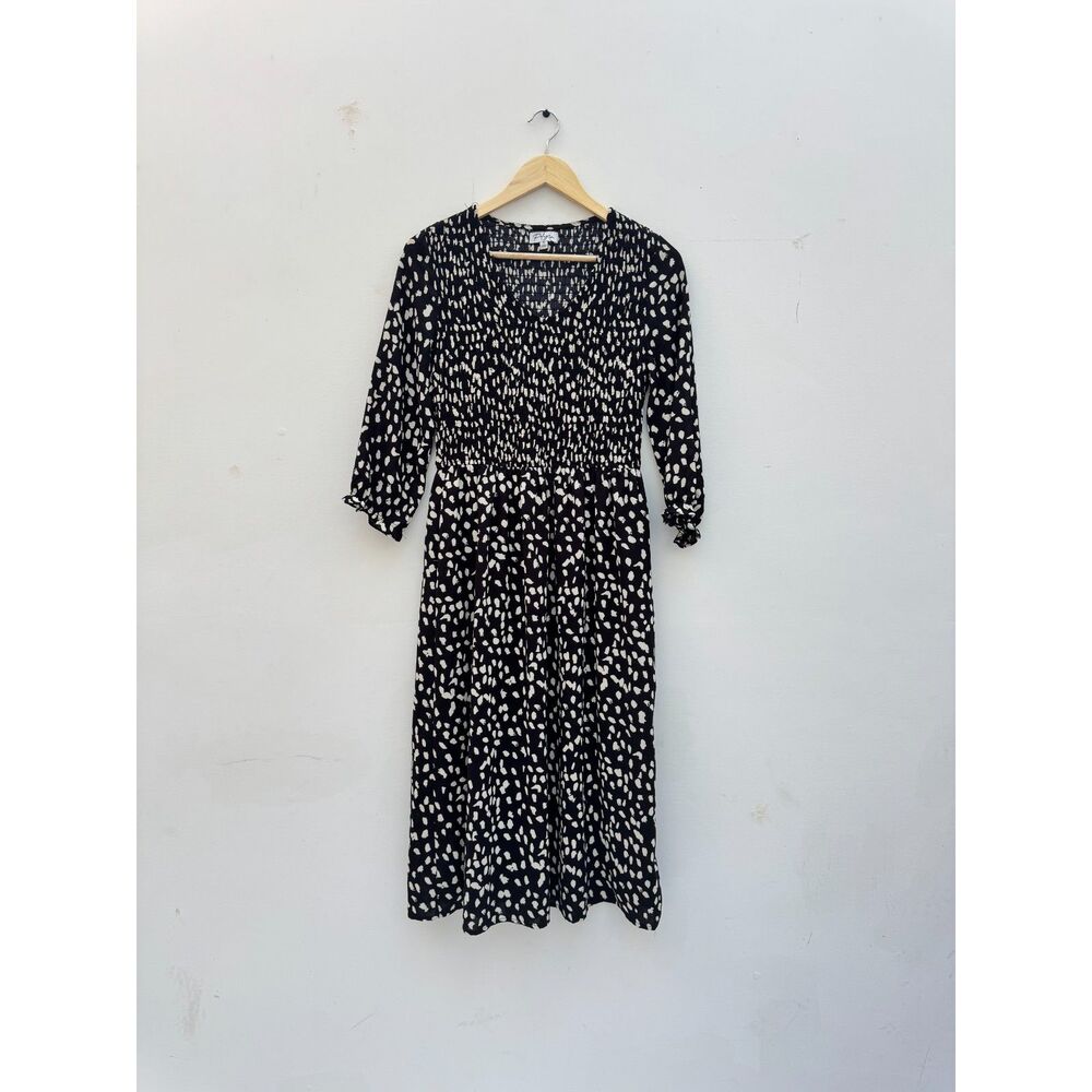 Polagram Black White Smocked Midi Dress Size Small Spotted Print